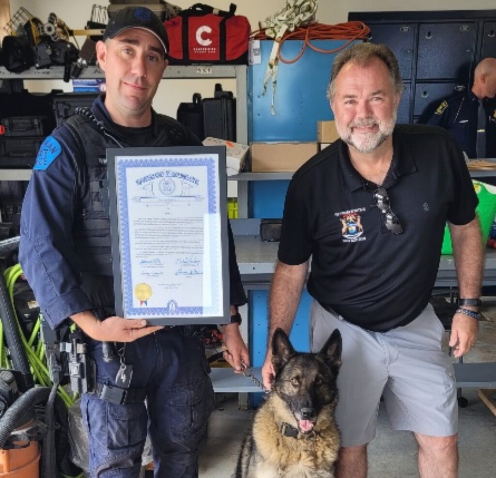 MSP Trooper Adam Whited with K9 Loki and Rep. Ken Borton (R-Gaylord).